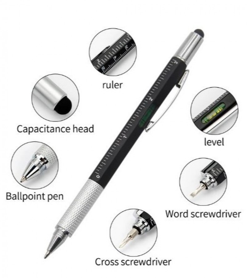 7 in 1 Multifunctional Touch Screen Stylus Ballpoint Pen with Spirit Level Scale Ruler Full Metal