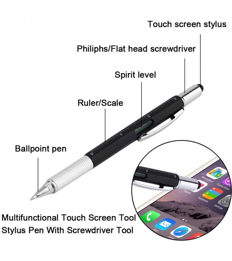 7 in 1 Multifunctional Touch Screen Stylus Ballpoint Pen with Spirit Level Scale Ruler Full Metal