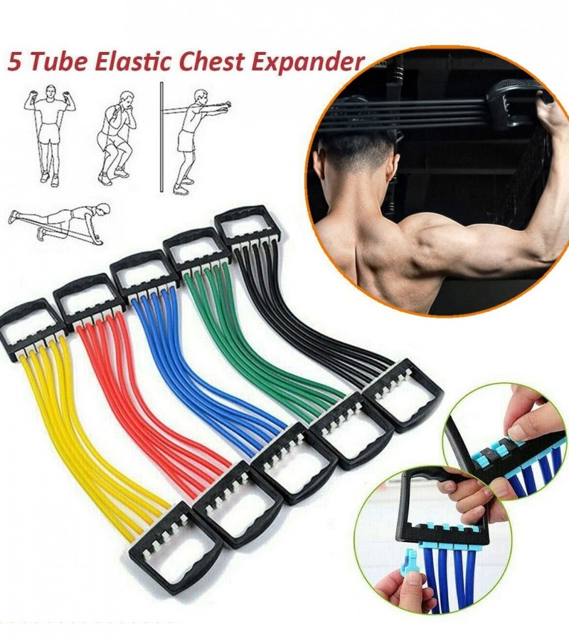 Silicone Chest Expander Adjustable Resistance Stretcher Bands 5 Tubes Hand Grip Tool for Gym